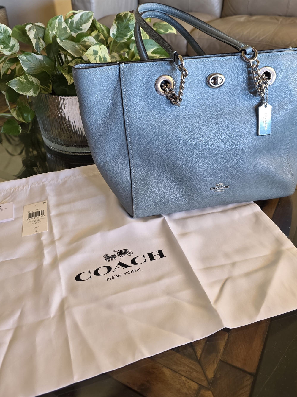 Coach Leather Tote Turnlock with Chain Detail
